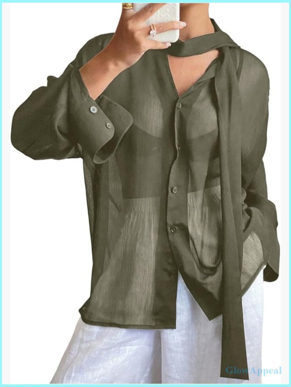 Mesh Sheer Button Up Blouse Tie Front Flowy Long Sleeve Shirt